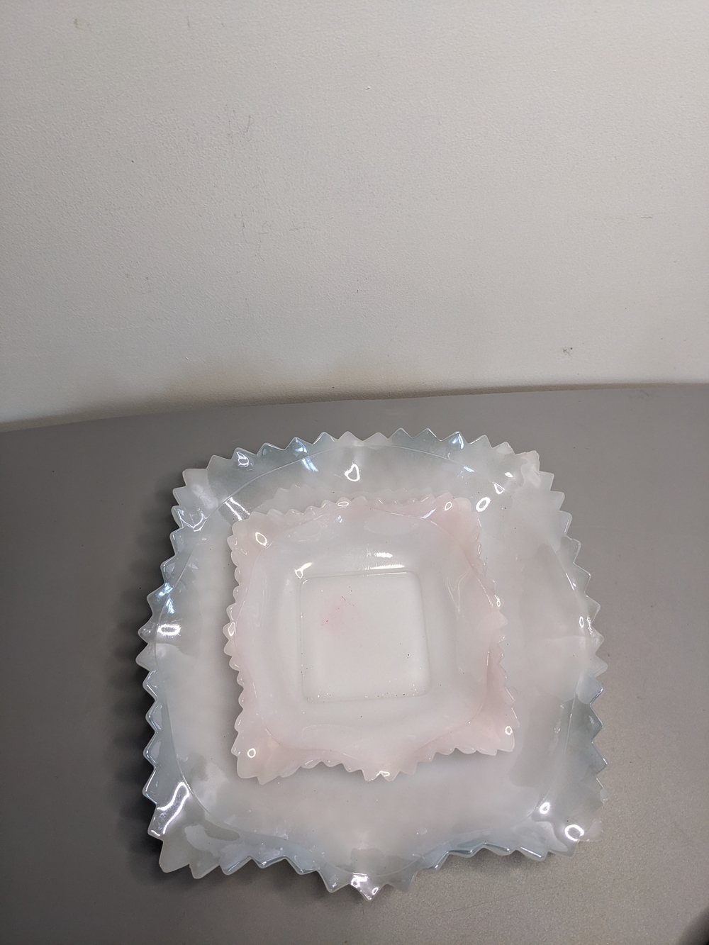 Vintage Westmoreland Blue Tint And Pink Ruffled Edge Square Decorative Dishes